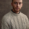 Men's Diamond Handknit Crew Neck Aran Sweater - Oatmeal, Collar & Shoulder