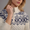 Women's Fair Isle Half Zip Aran Sweater - Natural White/Navy, Neck Detail
