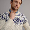 Men's Fair Isle Crew Neck Aran Sweater - White & Navy, Collar Detail