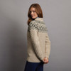 Women's Fair Isle Crew Neck Aran Sweater - Oatmeal & Green, Back Detail