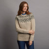 Women's Fair Isle Crew Neck Aran Sweater - Oatmeal & Green