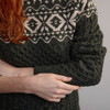 Women's Fair Isle Crew Neck Aran Sweater - Green & Oatmeal, Sleeve & Cuff Detail
