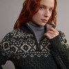Women's Fair Isle Half Zip Aran Sweater - Green & Oatmeal, Collar Detail