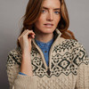 Women's Fair Isle Half Zip Aran Sweater - Oatmeal & Green, Collar Detail