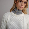 Women's Traditional Aran Crew Neck Sweater - Natural White, Collar Detail