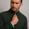 Men's Half Zip Wool Cable Pattern Sweater - Army Green, Zip & Collar Detail