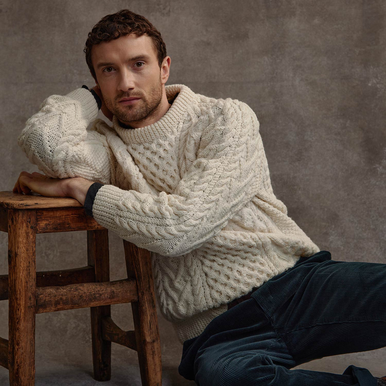 Men's Honeycomb Handknit Crew Neck Aran Sweater