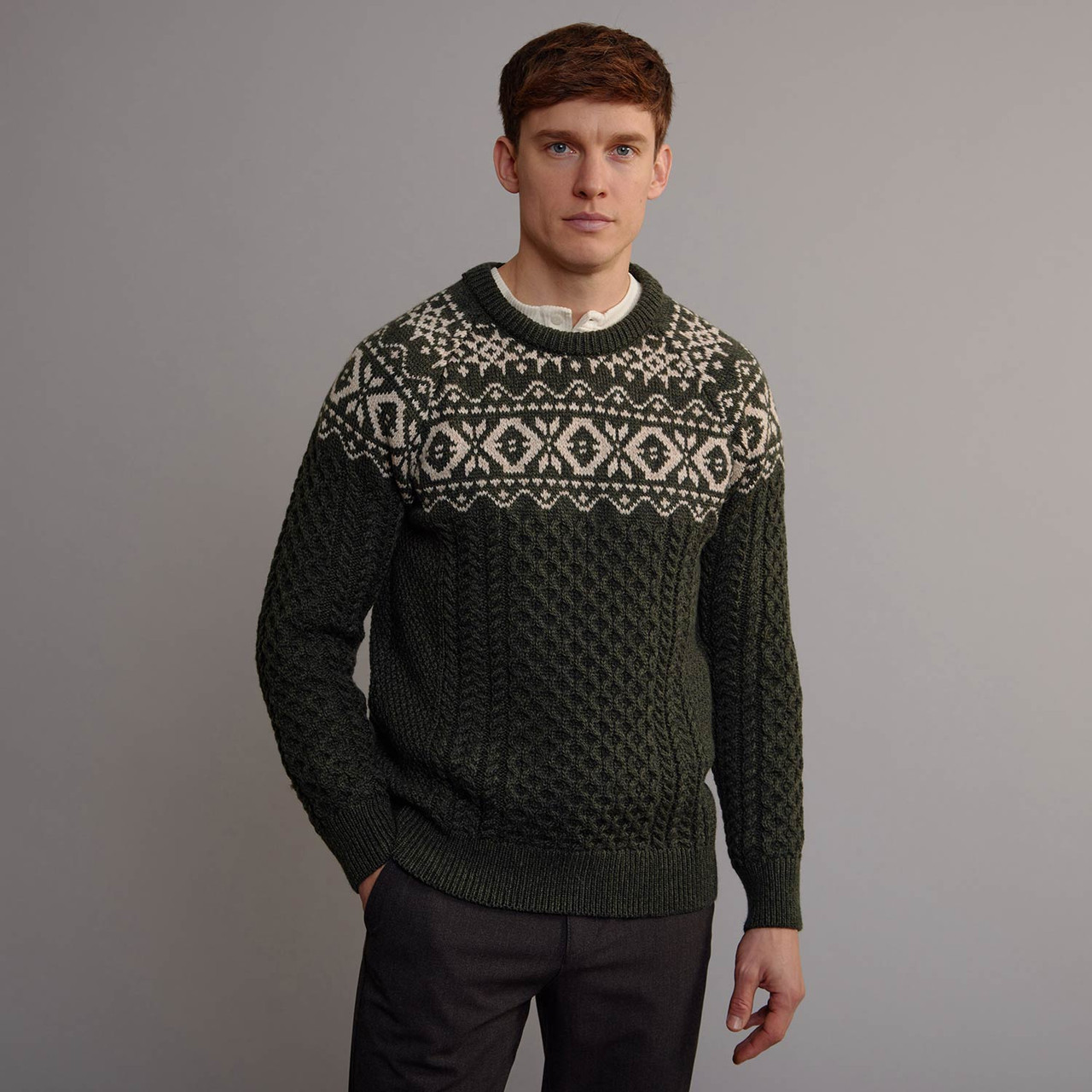 Men's Fair Isle Crew Neck Aran Sweater