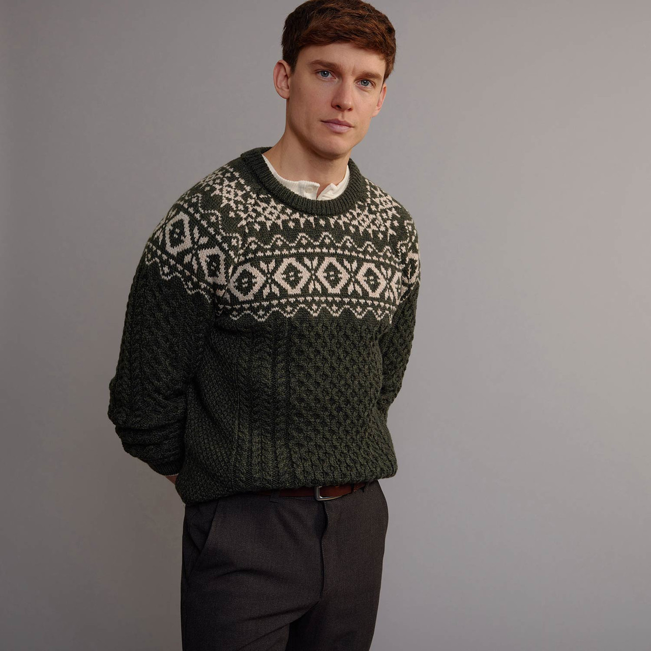 Men's Fair Isle Crew Neck Aran Sweater