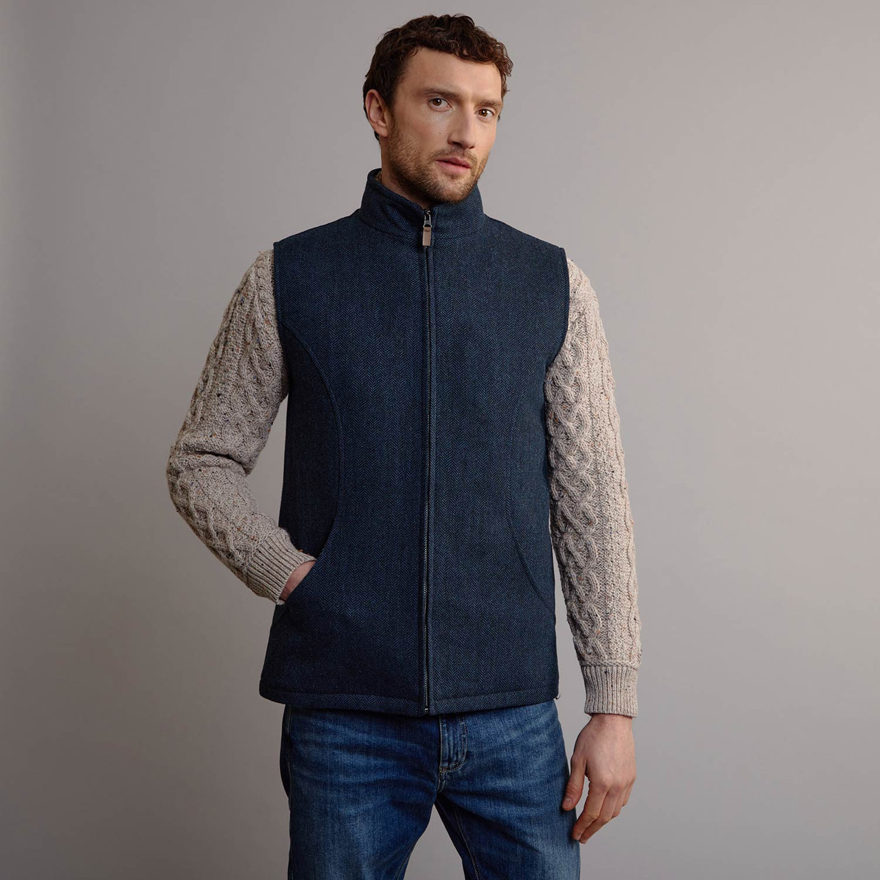 トップス HEVE Tweed Gilet Navy Men's Traditional Tweed Gilet
