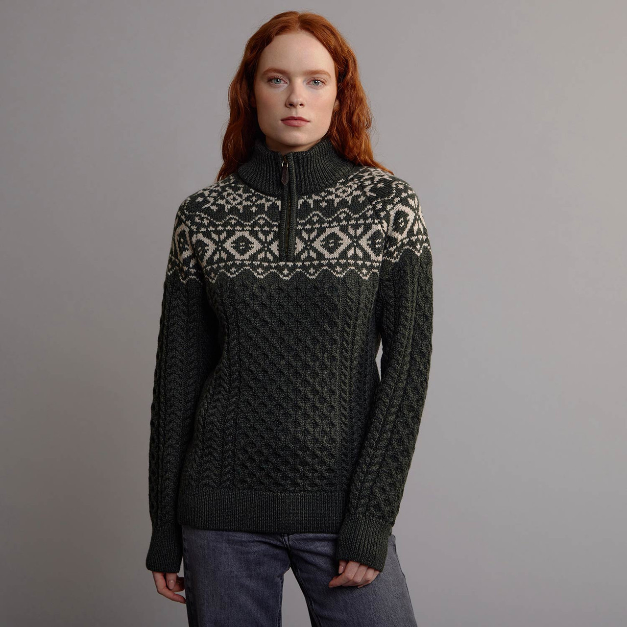★aran★ Women's Fair Isle Half Zip Aran Sweater​