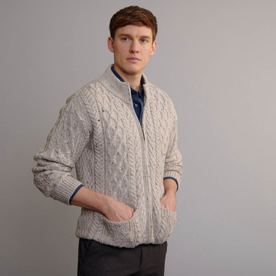 Men's Full Zip Aran Cardigan - Oatmeal