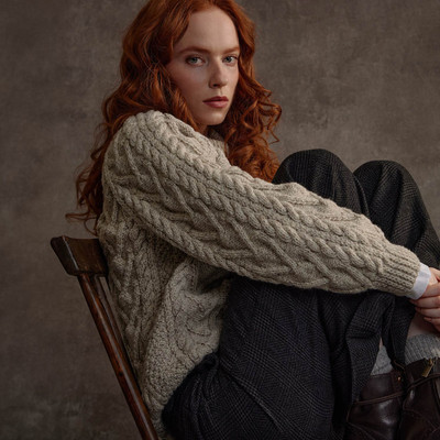 Women's Honeycomb Handknit Crew Neck Sweater - Oatmeal