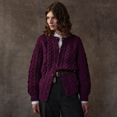 Women's Handknit Crew Neck Aran Cardigan - Purple