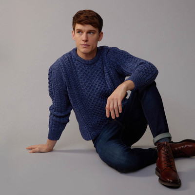 Men's Traditional Crew Neck Aran Sweater - Denim Blue