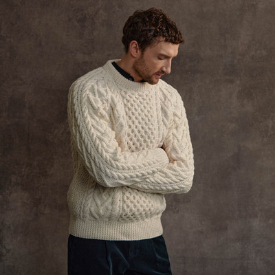 Men's Honeycomb Handknit Crew Neck Aran Sweater - Natural White