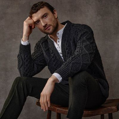 Men's Handknit V Neck Aran Cardigan - Charcoal