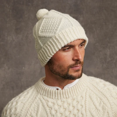 Men's Aran Handknit Hat - Natural White