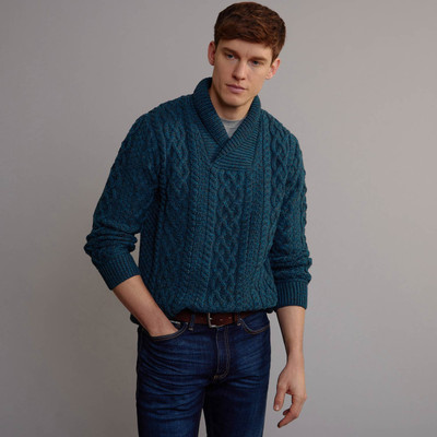 Men's Shawl Collar Aran Sweater - Peacock