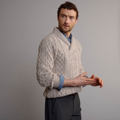 Men's Shawl Collar Aran Sweater - Oatmeal