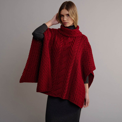Women's Aran Poncho With Collar - Red
