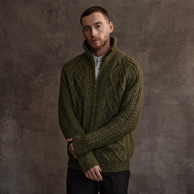 Men's Handknit Aran Cardigan With Zipper - Army Green