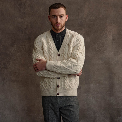 Men's Handknit V Neck Aran Cardigan - Natural White