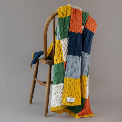 Intarsia Throw - Yellow Orange Sky Blue