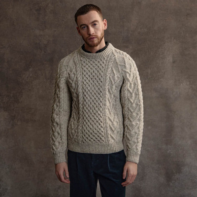 Men's Honeycomb Handknit Crew Neck Aran Sweater - Oatmeal