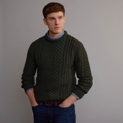 Men's Traditional Crew Neck Aran Sweater - Army Green