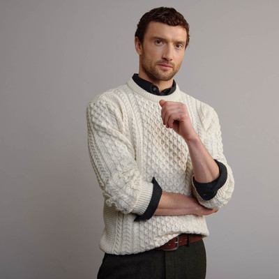 Men's Traditional Crew Neck Aran Sweater - Natural White