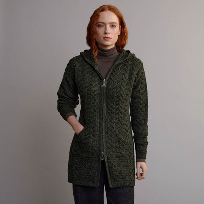 Women's Hooded Aran Coatigan - Army Green