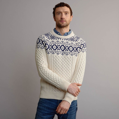 Men's Fair Isle Crew Neck Aran Sweater - White & Navy