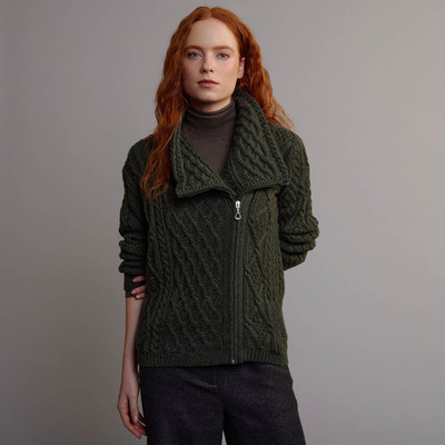 Women's Side Zip Aran Cardigan - Army Green