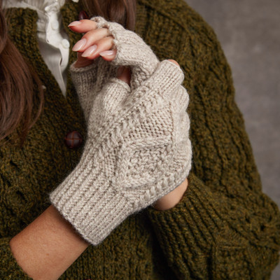 Women's Aran Handknit Fingerless Gloves - Oatmeal