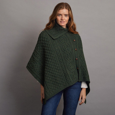 Women's Side Button Aran Poncho - Army Green