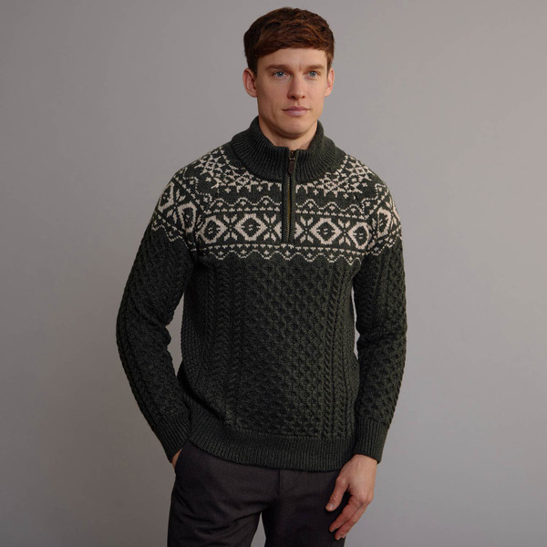 Men's Aran Fair Isle Half Zip Sweater - Green & Oatmeal