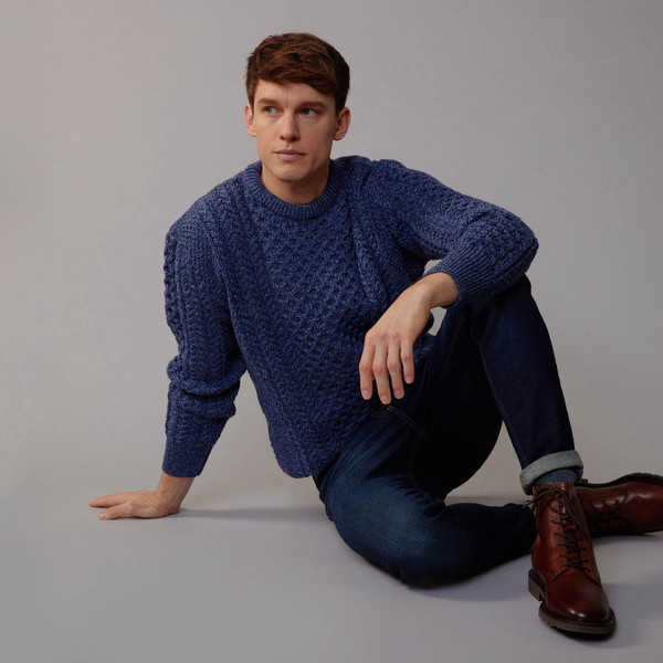 Men's Traditional Crew Neck Aran Sweater - Denim Blue