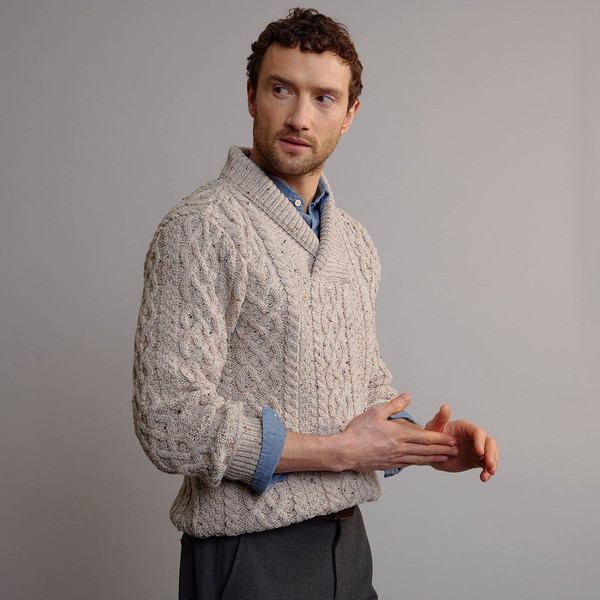 Men's Shawl Collar Aran Sweater - Oatmeal