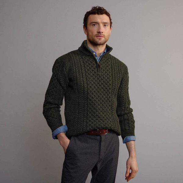 Men's Half Zip Aran Sweater - Army Green