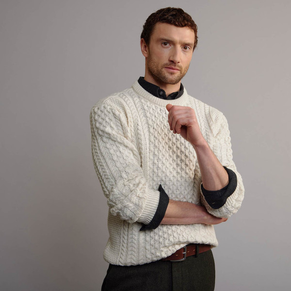Men's Traditional Crew Neck Aran Sweater - Natural White