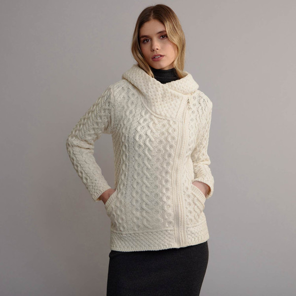 Women's Hooded Full Aran Zip Cardigan - Natural White