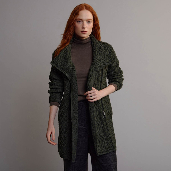 Women's Aran Side Zip Coatigan - Army Green