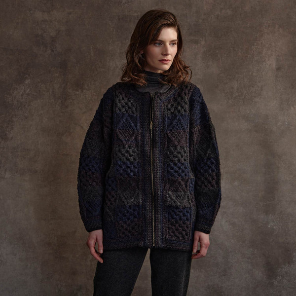 Women's Patchwork Handknit Aran Cardigan - Grey & Blue