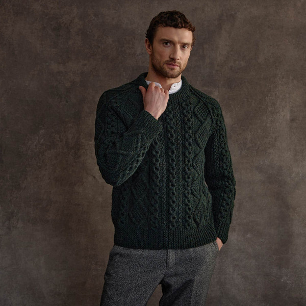 Men's Diamond Handknit Crew Neck Aran Sweater - Dark Green
