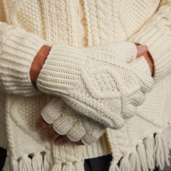 Men's Aran Handknit Fingerless Gloves - Natural White