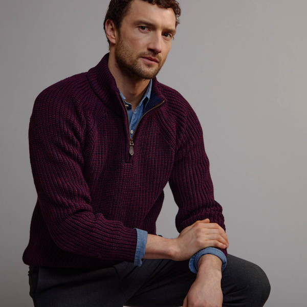 Men's Fisherman's Ribbed Half Zip Sweater - Berry