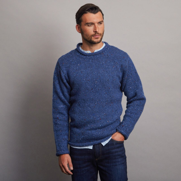 Men's Traditional Donegal Tweed Roll Neck Sweater - Denim