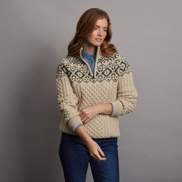 Women's Fair Isle Half Zip Aran Sweater - Oatmeal & Green