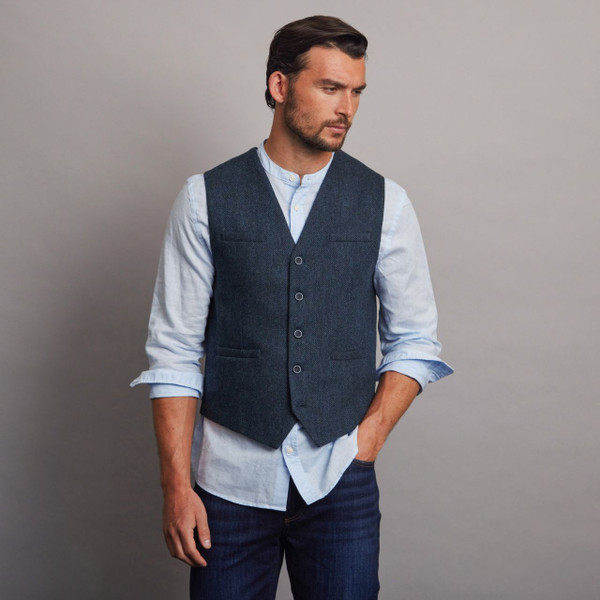 Men's Tweed Herringbone Waistcoat - Blue